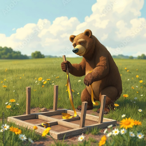 Funny cartoon bear building a wooden frame and measuring with tape in a green field