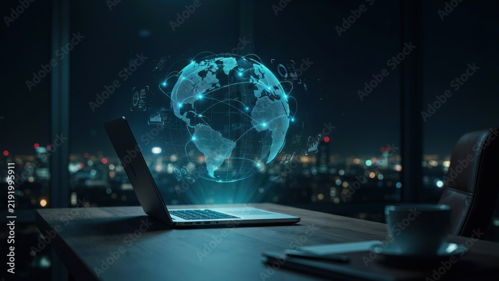 Obraz premium Digital glowing globe hologram projecting from a laptop on a dark office desk at night with hologram interconnected data laptop computer screen