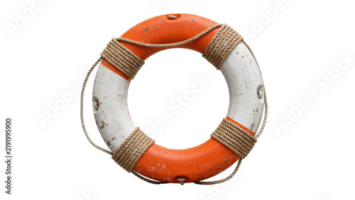 Konstfotografi Orange and white life preserver ring with thick rope, isolated on transparent ba