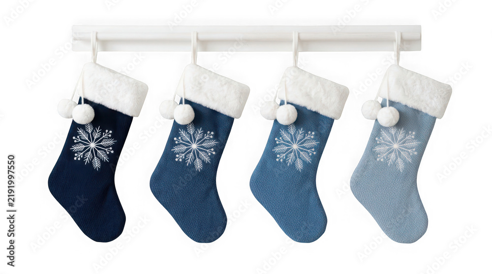 Naklejka premium Four blue christmas stockings hanging isolated on transparent background