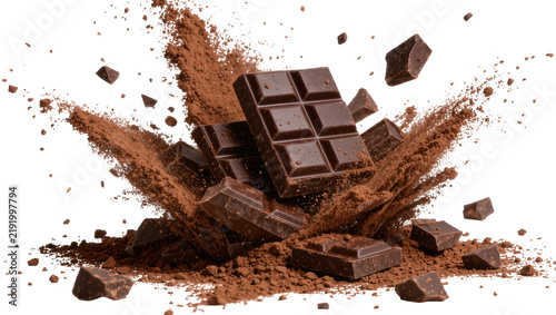 Konstfotografi Dark chocolate bars and chunks exploding with cocoa powder, isolated on transpar