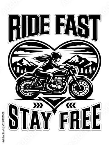T-SHIRT DESIGN .
Vintage style illustration of a woman riding a motorcycle through a mountainous landscape