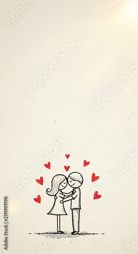 Minimalist Sketch of Two Partners Embracing Surrounded by Hand-Drawn Hearts on Paper for Love