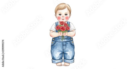 Watercolor Illustration of a Toddler Holding Red Roses Isolated on a Clean Seamless White Backdrop