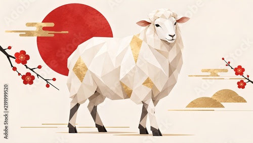 低ポリゴン風のスタイリッシュな羊と赤い日の出 / Low poly style stylish sheep with a red sunrise (Generative AI)