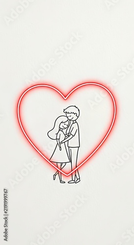 Hand-Drawn Illustration of a Couple Embraced in a Glowing Heart, Capturing the Essence of Love