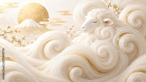 波のような羊の毛と黄金の富士山の幻想的な景色 / Dreamy landscape with sheep wool waves and golden Mount Fuji (Generative AI)
