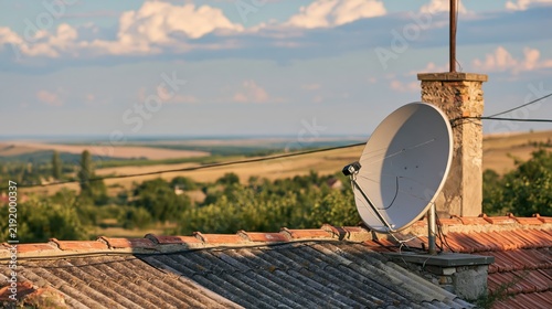 Satellite dish antenna on a tiled roof with a rural landscape in the background
