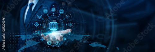 Obraz na plátně Tech researcher hand holding futuristic pad analyzing complex qubit algorithms for Quantum Computing hardware and deep processing