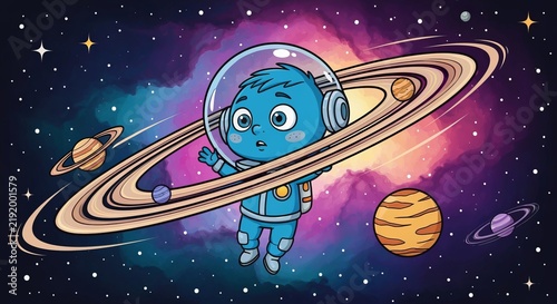 A Whimsical Illustration of a Curious Little Blue Astronaut Floating in Outer Space near Planets.