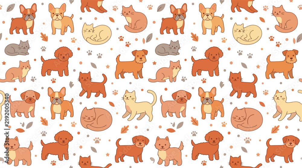 Obraz premium Cute seamless pattern with cartoon dogs and cats on a white background