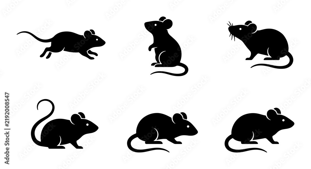 Fototapeta premium Set of Six Black Mouse Silhouettes, Vector Icons for Rodent, Pet, and Pest Control Concepts, Simple Animal Graphics