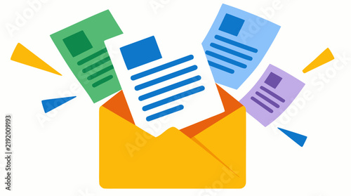 Open Yellow Envelope with Multicolored Paper Documents Flying Out Email Notification Vector Illustration Flat Design Bold Colors Clean White Background Digital Communication Concept Artwork