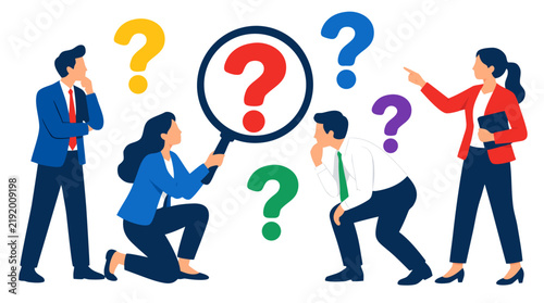 Creative Business Team Examining Floating Colorful Question Marks with Magnifying Glass Seeking Solutions Bold Flat Colors Vector Illustration Concept Art Design Graphic Element Symbol