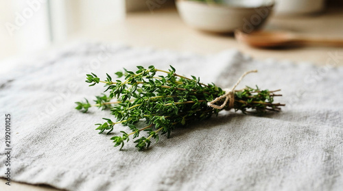 Fresh green thyme sprigs tied with twine on a rustic linen cloth