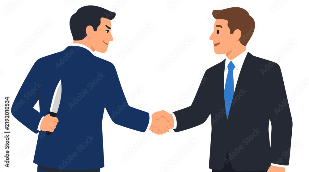Fototapeta premium Businessman with hidden knife behind back shaking hands with unaware colleague corporate betrayal concept deception treachery two faced partner flat bold vector illustration design