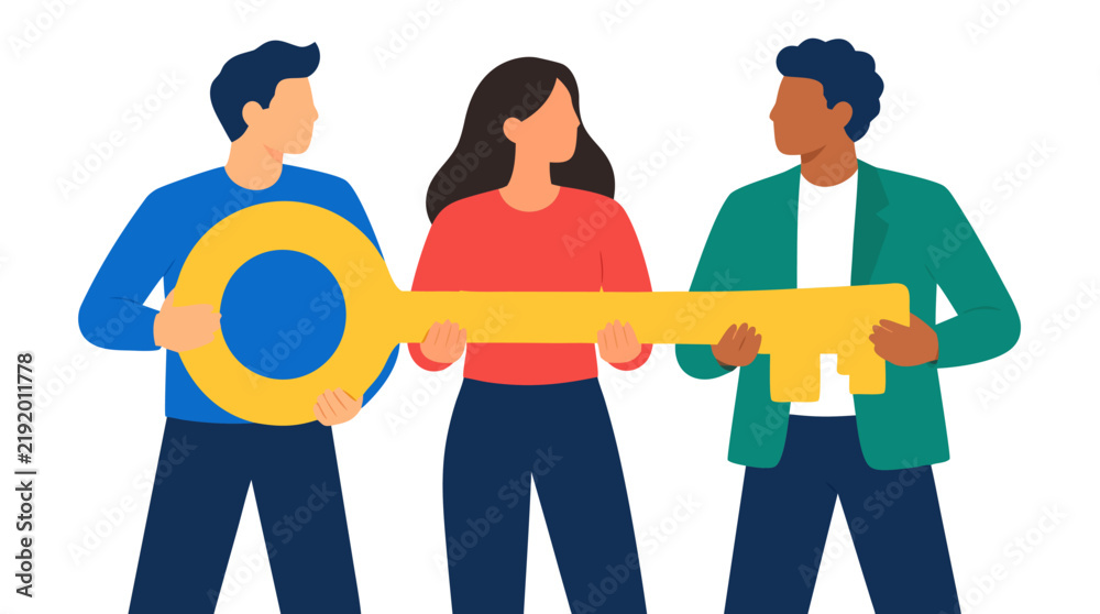 Obraz premium Three diverse business professionals jointly holding large golden key symbol, teamwork partnership success concept, flat vector illustration on clean white background, corporate collaboration