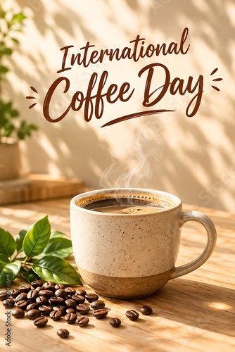 International Coffee Day greeting card, steaming ceramic mug of black coffee on wooden table, roasted coffee beans and green leaves in warm sunlight