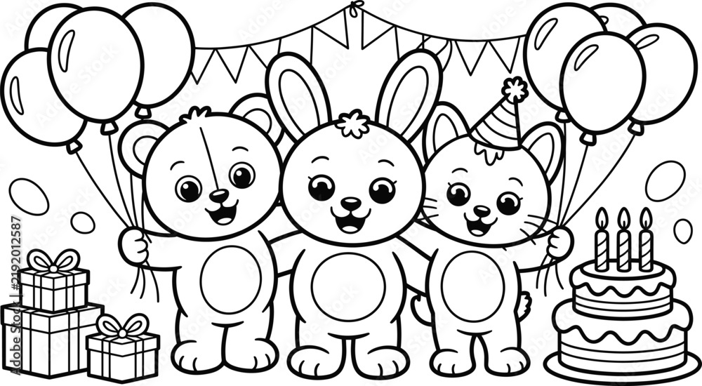 Fototapeta premium Cute, animal, friends, celebrating, birthday, party, with, balloons, cake, presents, line, art, illustration, for, kids, coloring, page, vector, isolated, background.