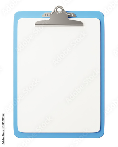 Blue Clipboard with Blank White Sheet of Paper Isolated on White Background