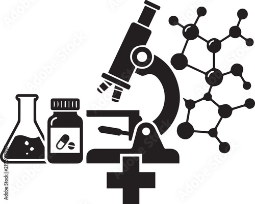 Detailed black and white medical science icon set featuring microscope flask molecular structure pills and crosses