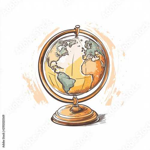 Illustration of a vintage globe on a wooden stand with a watercolor splash background