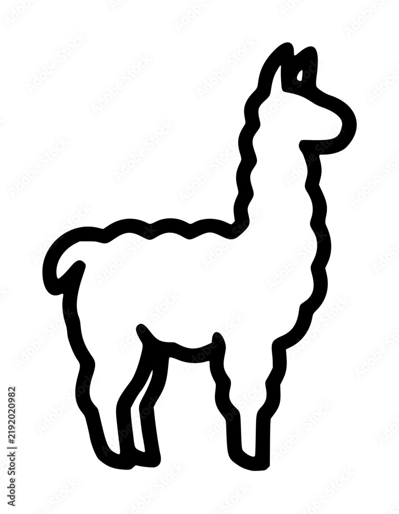 Fototapeta premium Hand-drawn llama silhouette vector icon with bold black outline, simple flat illustration of cute alpaca animal, minimal sketch style, white background, perfect for logos and web design