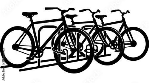 Black silhouette of three bicycles parked on a metal rack representing urban mobility and sustainable city transport