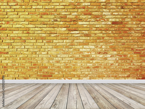 Brick wall interior yellow background with a wooden floor