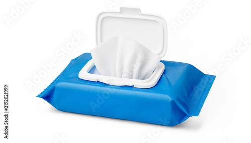 Open blue pack of wet wipes isolated on a white background for hygiene.