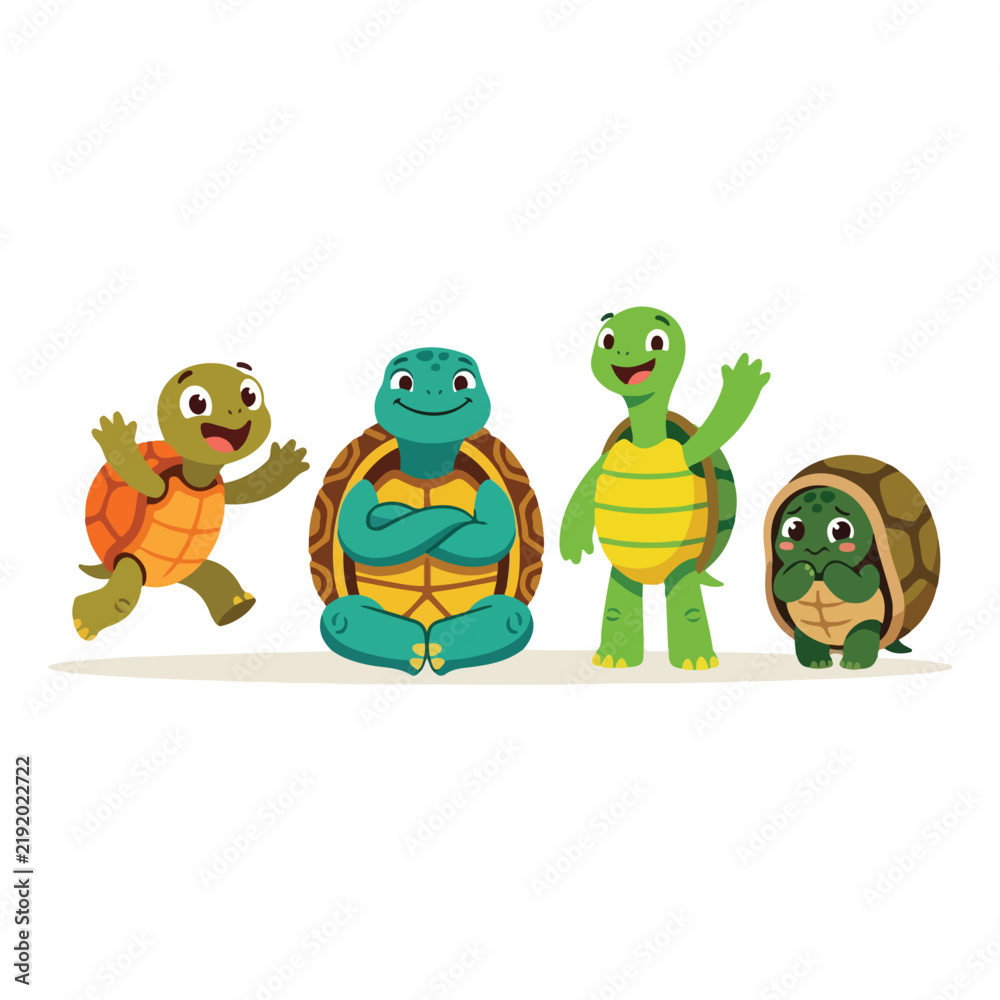 Obraz premium Cute cartoon turtles standing and walking together in a cheerful friendly animal illustration