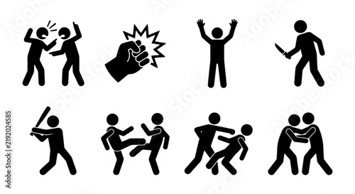 Violence Icons Set: Fighting, Punching, Kicking, Weapon Attack, Conflict, Aggression, Danger, Struggle, Combat, Brawl, Fight, Conflict, Aggression, Danger, Struggle, Combat, Brawl