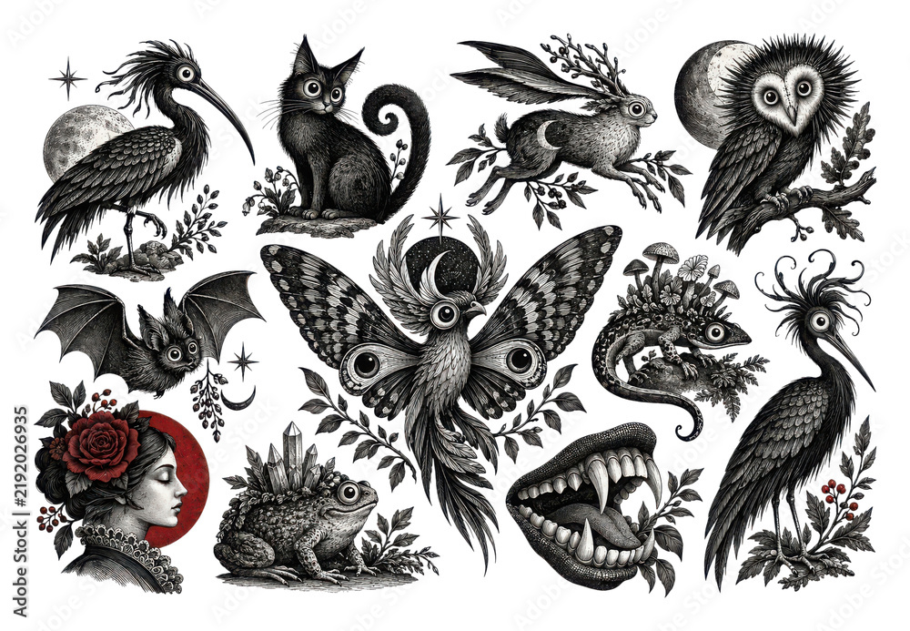 Obraz premium PNG Intricate gothic bird and animal botanical engraving collage