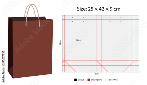 Paper Shopping Bag Dieline Template – Printable Packaging Design with Dimensions