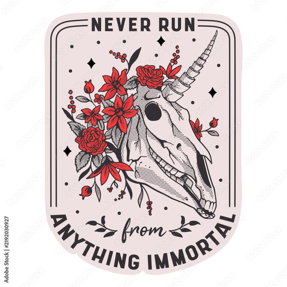 Fototapeta premium Unicorn skull immortal quote