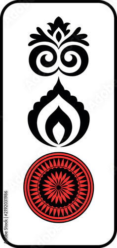 Minimalist vertical rectangle frame containing three distinct black and red abstract symbols for decorative graphic design