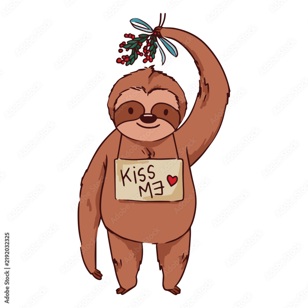 Fototapeta premium Sloth with Christmas Mistletoe