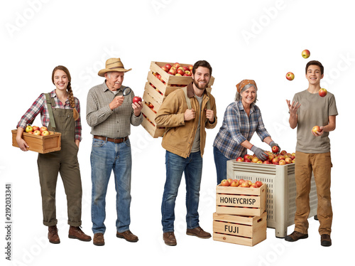 Group of farmers and family members carrying boxes of freshly picked apples isolated on white background