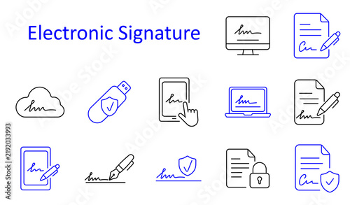 Electronic Signature set icon. Monitor signature, pencil document, cloud, usb, tablet touch, laptop, pen document, tablet pen, fountain, shield, locked, protected.