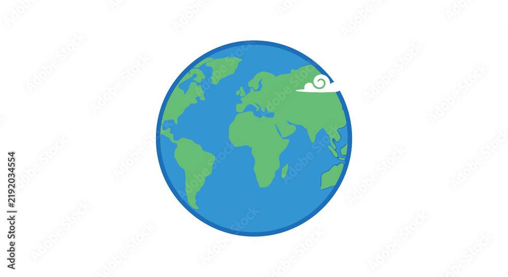 Fototapeta premium A flat vector illustration depicts the earth with continents and a white cloud formation