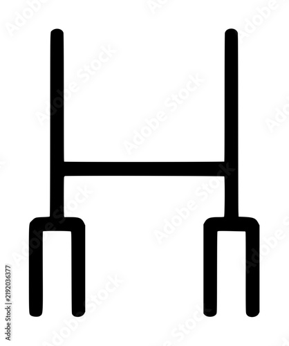 An H shaped rugby goal post structure featuring two tall upright poles joined by an elevated crossbar resting on two wide base feet, bold outline vector icon isolated on a white background