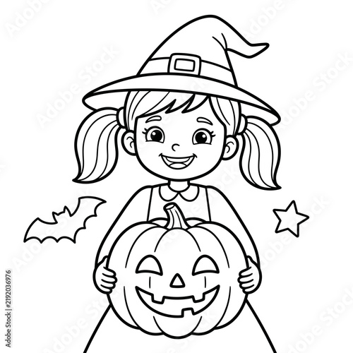 Happy girl holding a pumpkin in a witch hat for Halloween coloring page  