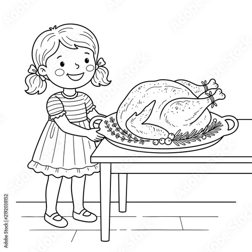 Girl presenting a Thanksgiving turkey on a table ready for dinner  