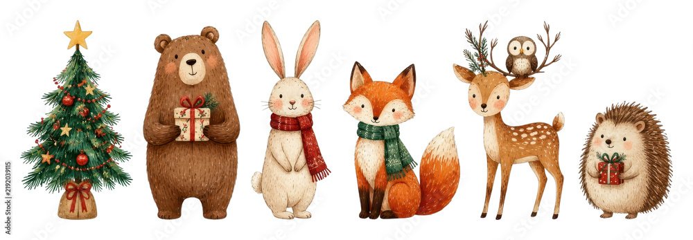 Fototapeta premium PNG Festive woodland animals Christmas illustration
