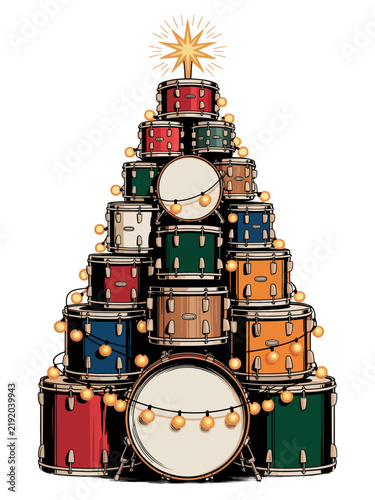 Christmas tree made of colorful drums with festive lights and star