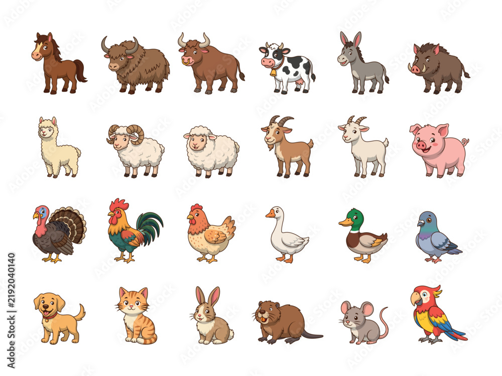 Fototapeta premium Set of cute cartoon farm animals vector illustration