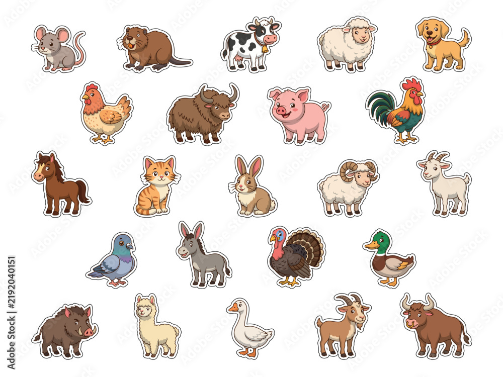 Obraz premium Set of cute cartoon farm animals stickers vector illustration