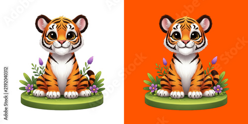 Cute cartoon baby tiger sitting on a small grassy pedestal png
