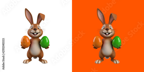 Cute cartoon bunny holding colorful Easter eggs 3D png