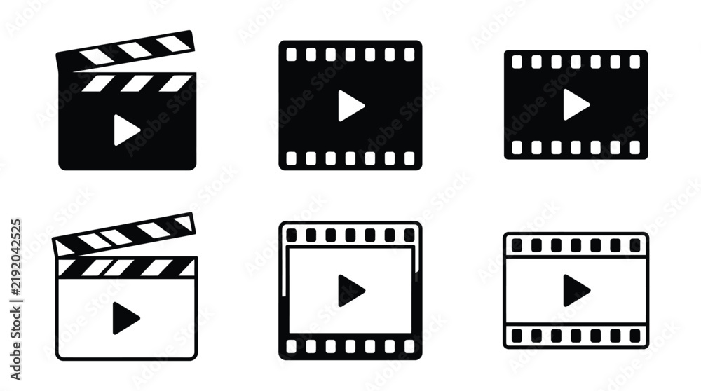 Fototapeta premium Cinema vector graphic set featuring film clapperboards and video strips for multimedia projects with minimalist black and white flat design